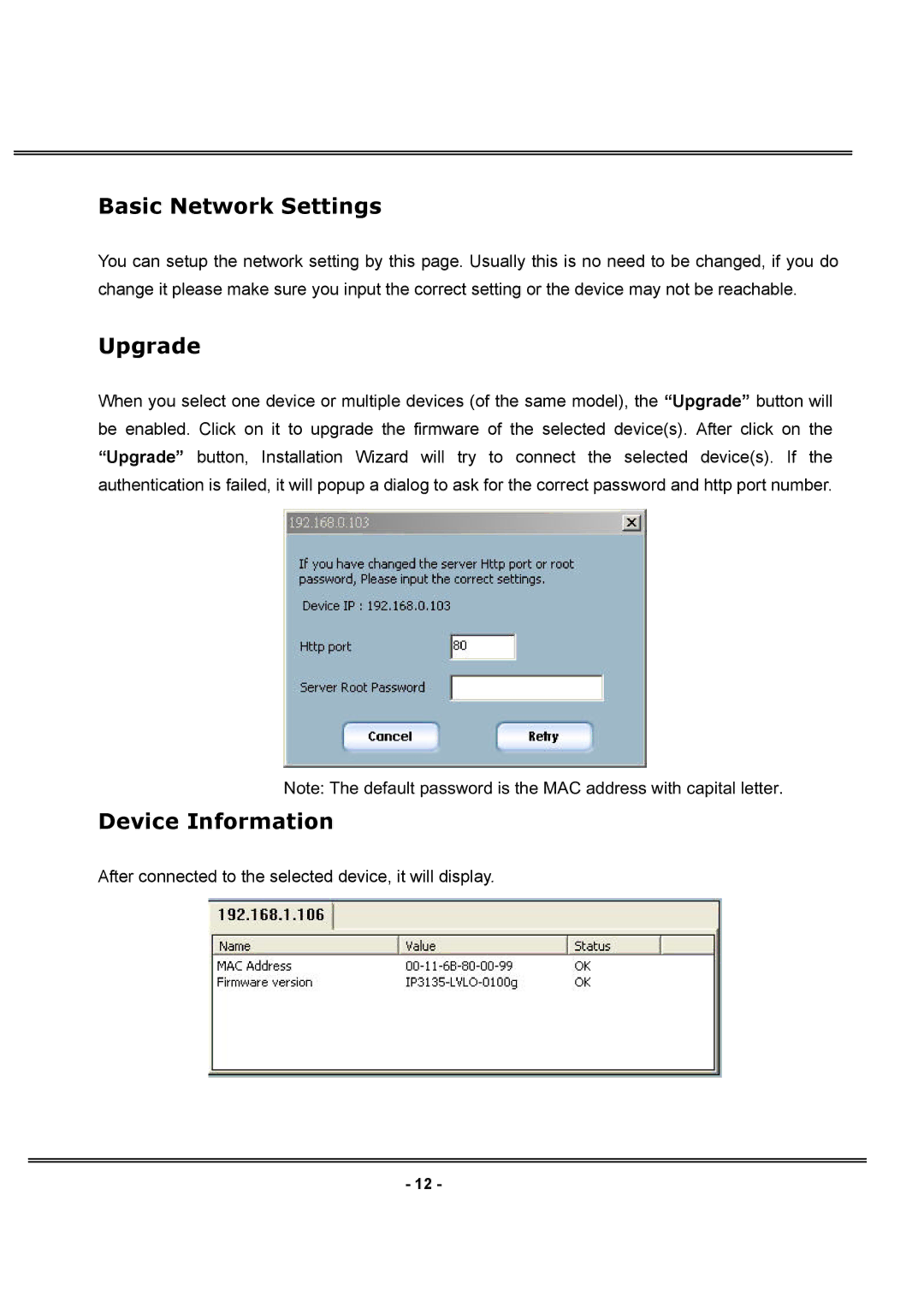 LevelOne FCS-1030 user manual Basic Network Settings, Upgrade, Device Information 