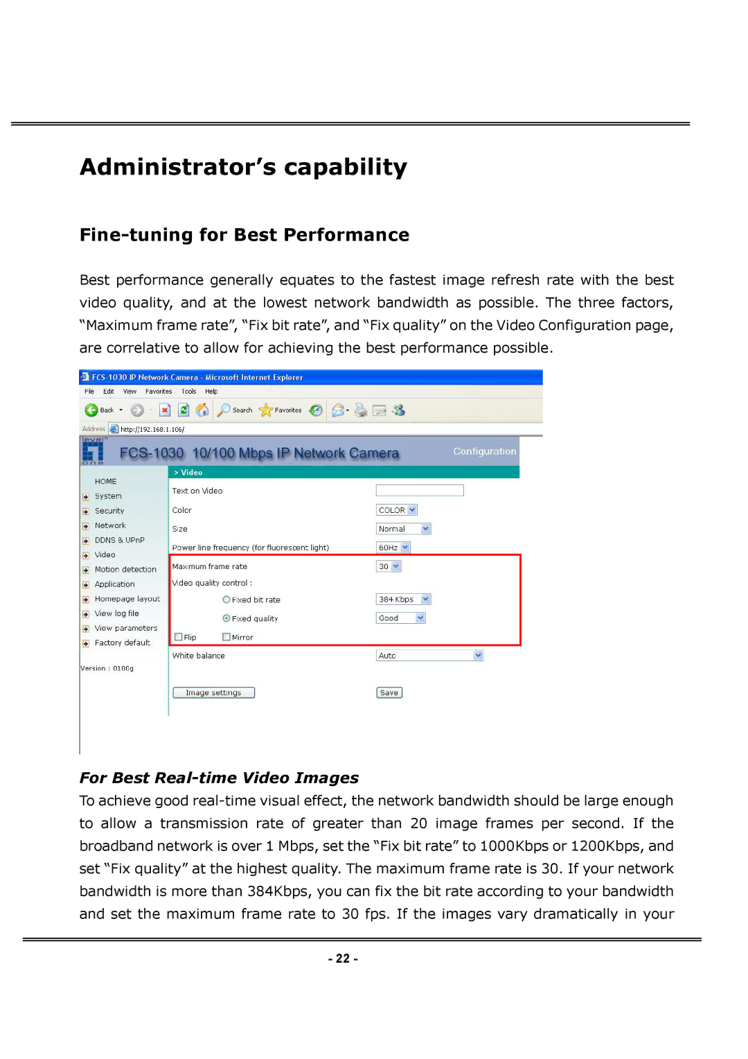 LevelOne FCS-1030 user manual Administrator’s capability, Fine-tuning for Best Performance 