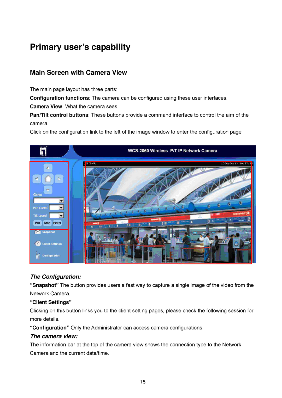 LevelOne WCS-2060 Primary user’s capability, Main Screen with Camera View, Configuration, Camera view, Client Settings 