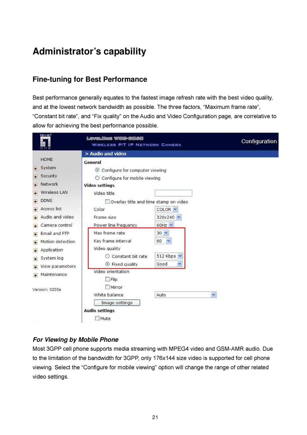 LevelOne WCS-2060, FCS-1060 Administrator’s capability, Fine-tuning for Best Performance, For Viewing by Mobile Phone 