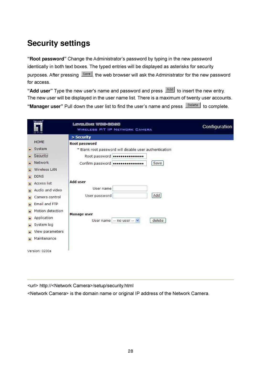 LevelOne FCS-1060, WCS-2060 user manual Security settings 