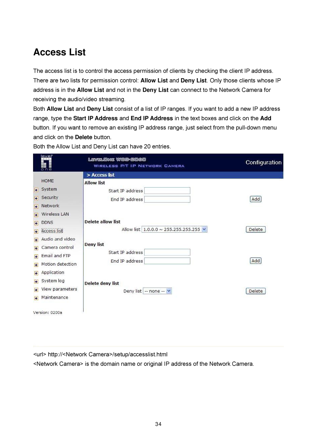 LevelOne FCS-1060, WCS-2060 user manual Access List 