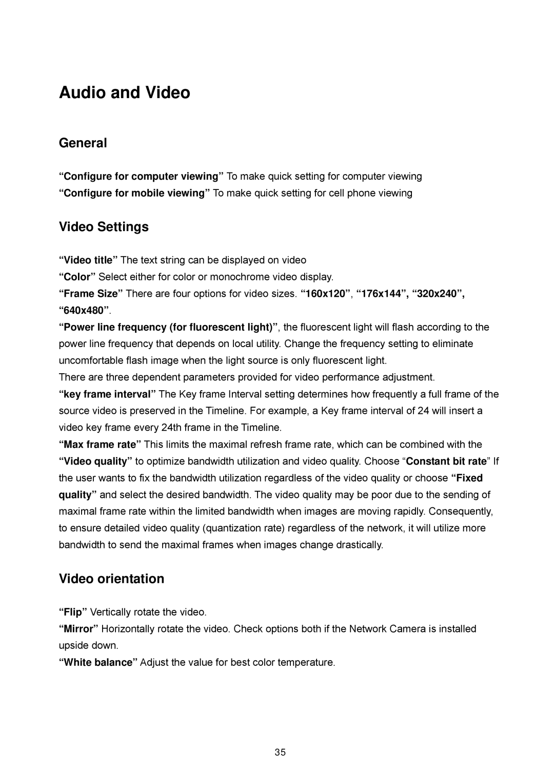 LevelOne WCS-2060, FCS-1060 user manual Audio and Video, General, Video Settings, Video orientation 