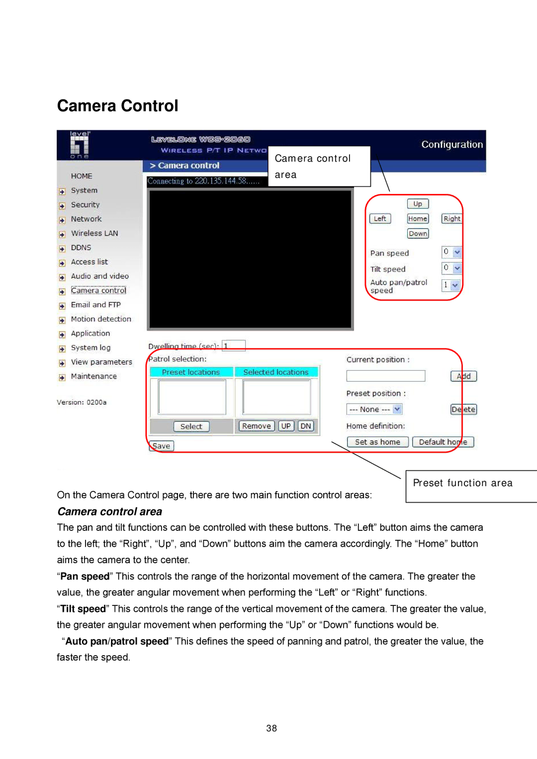 LevelOne FCS-1060, WCS-2060 user manual Camera Control, Camera control area 