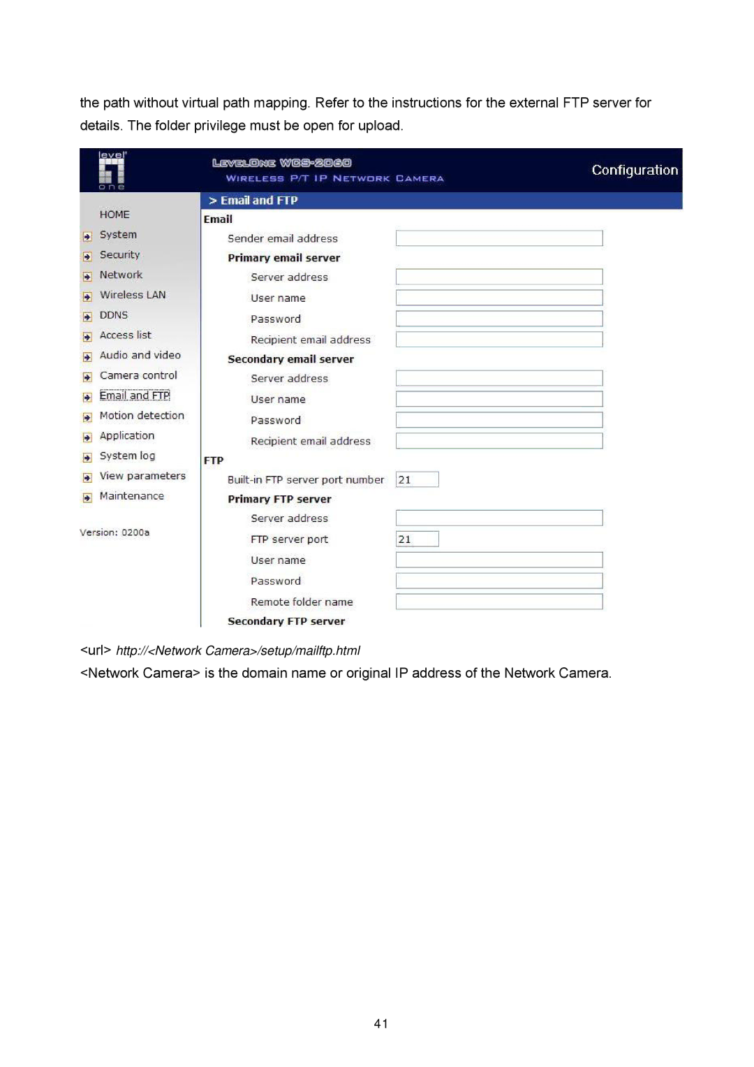 LevelOne WCS-2060, FCS-1060 user manual Url http//Network Camera/setup/mailftp.html 