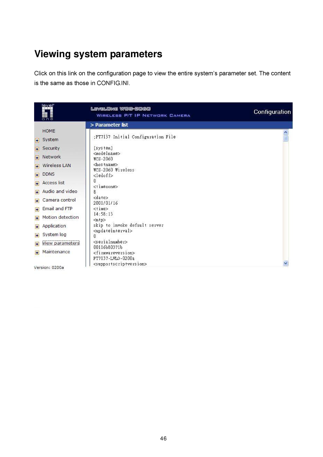 LevelOne FCS-1060, WCS-2060 user manual Viewing system parameters 