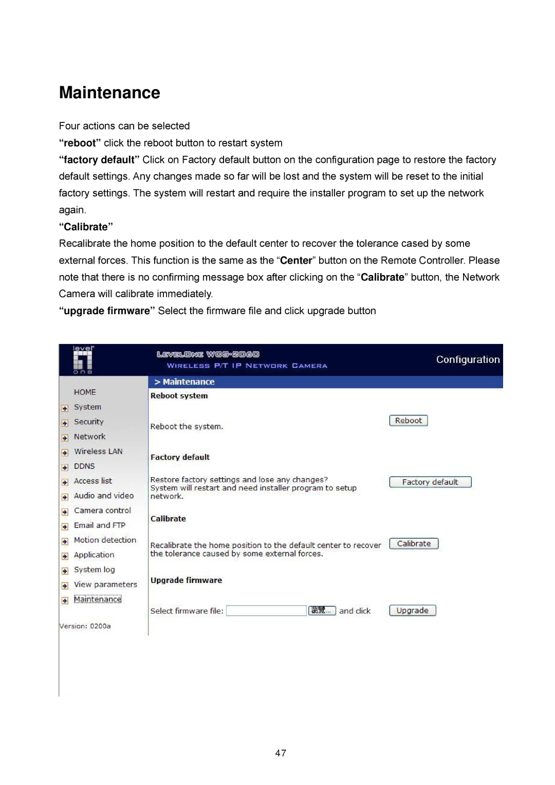 LevelOne WCS-2060, FCS-1060 user manual Maintenance, Calibrate 