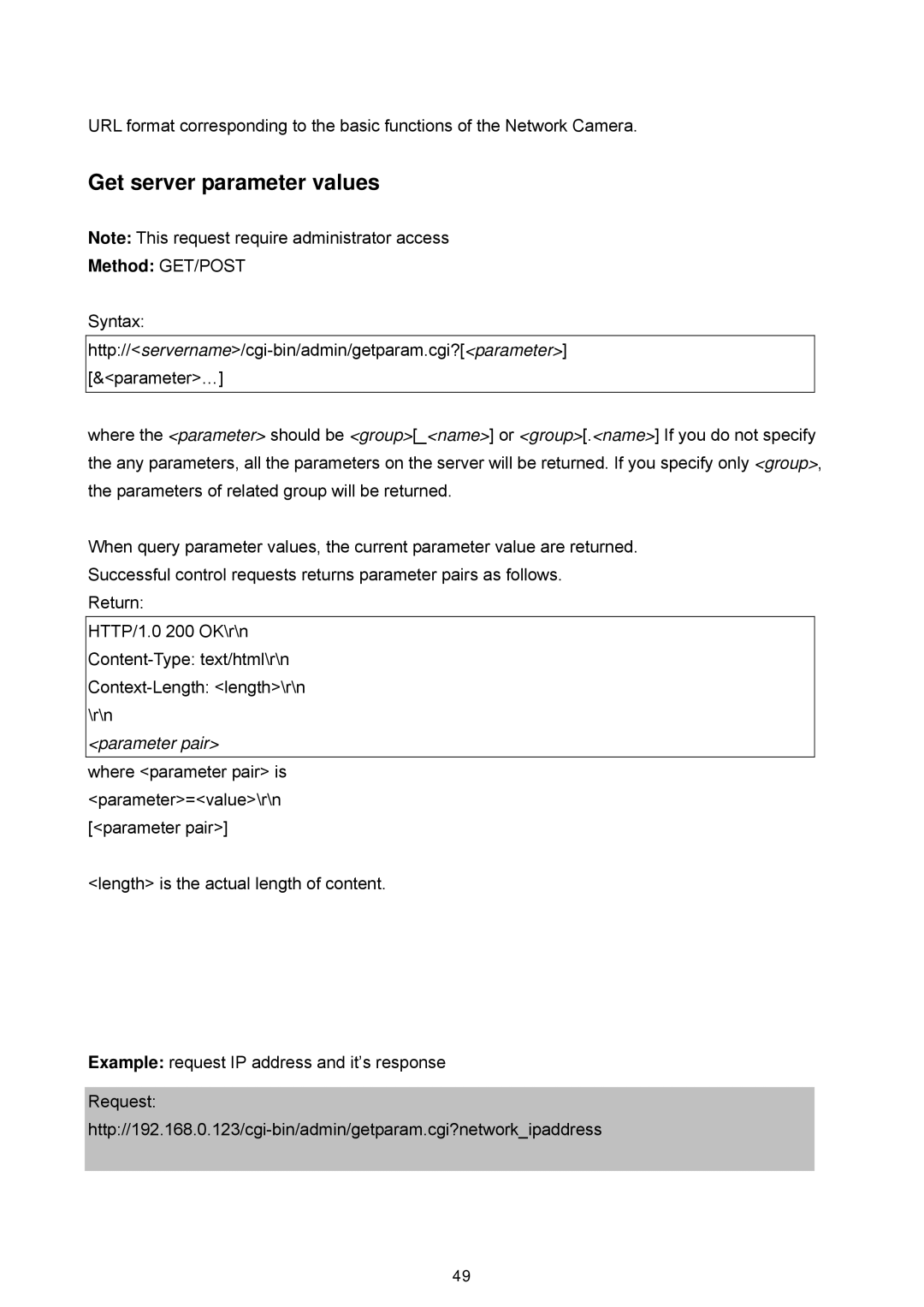 LevelOne WCS-2060, FCS-1060 user manual Get server parameter values, Method GET/POST 