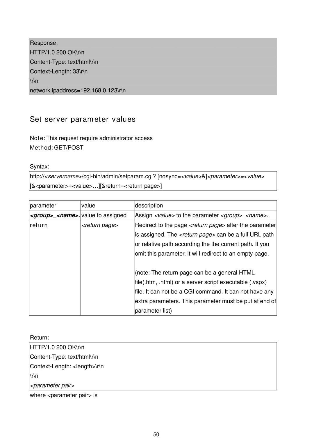 LevelOne FCS-1060, WCS-2060 user manual Set server parameter values, Return 