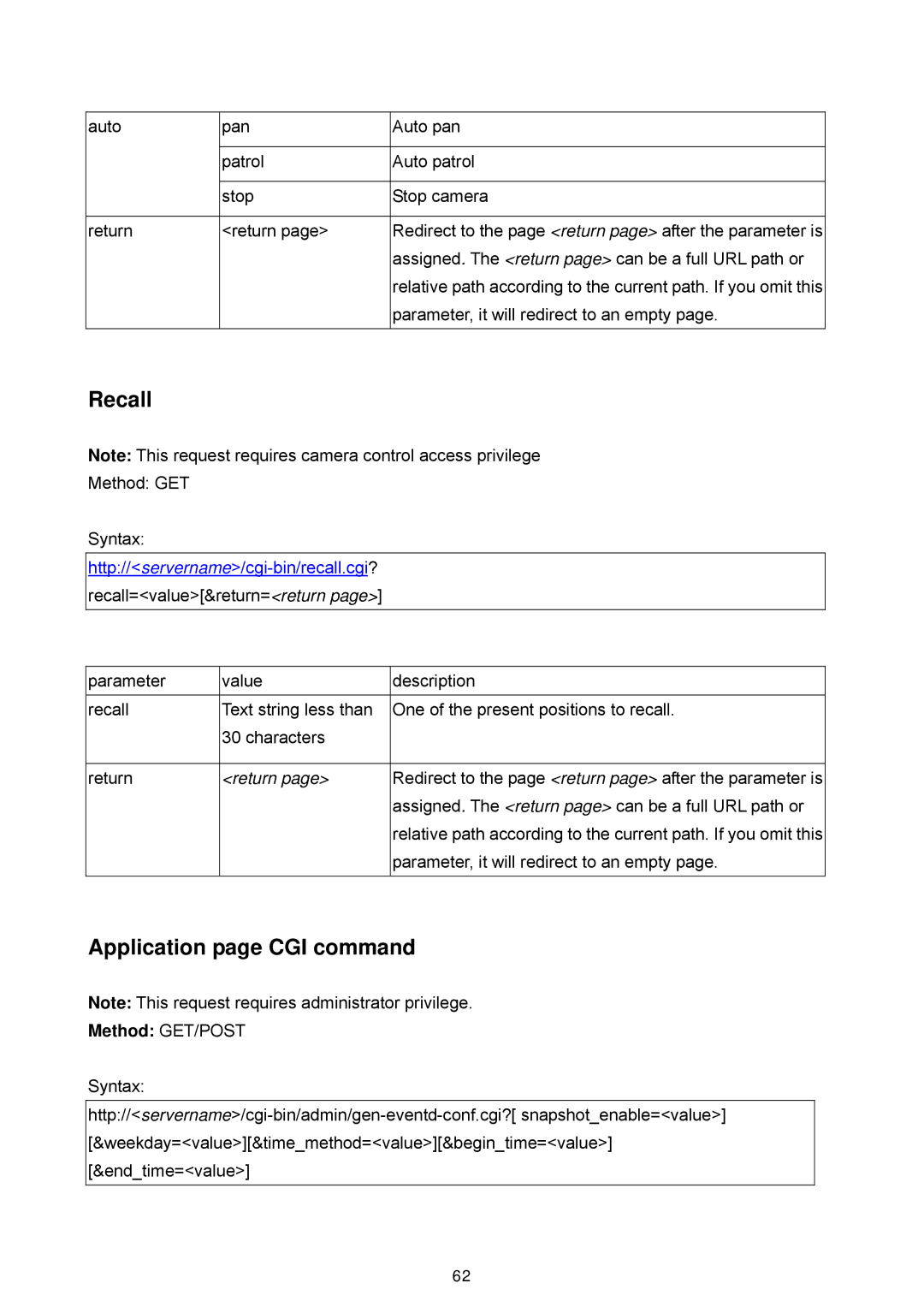 LevelOne FCS-1060, WCS-2060 user manual Recall, Application page CGI command 