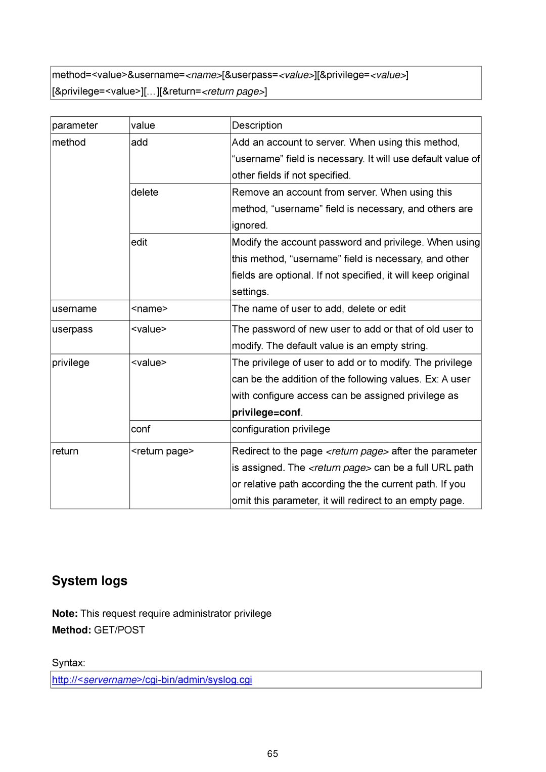 LevelOne WCS-2060, FCS-1060 user manual System logs, Privilege=conf 