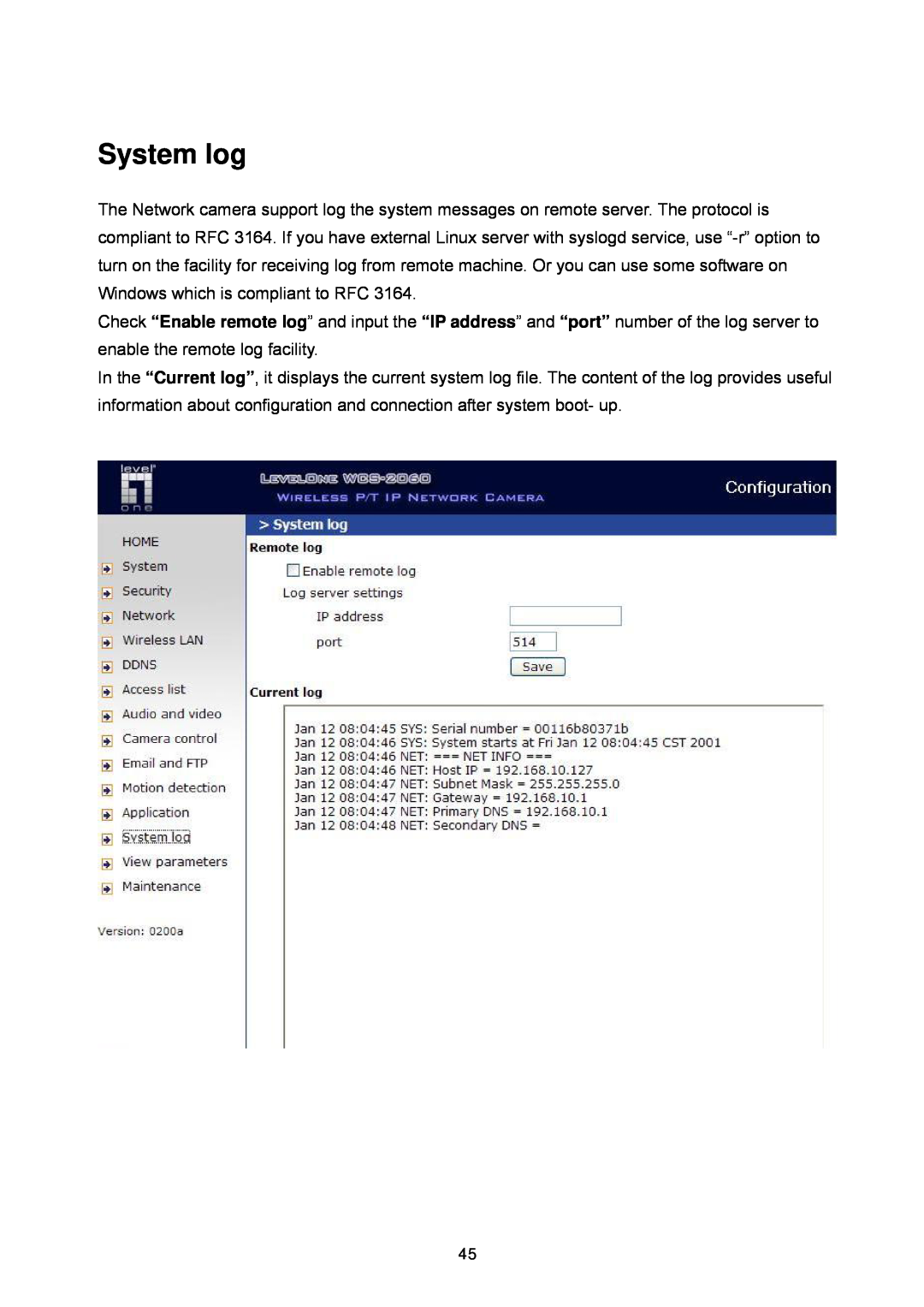 LevelOne WCS-2060, FCS-1060 user manual System log 