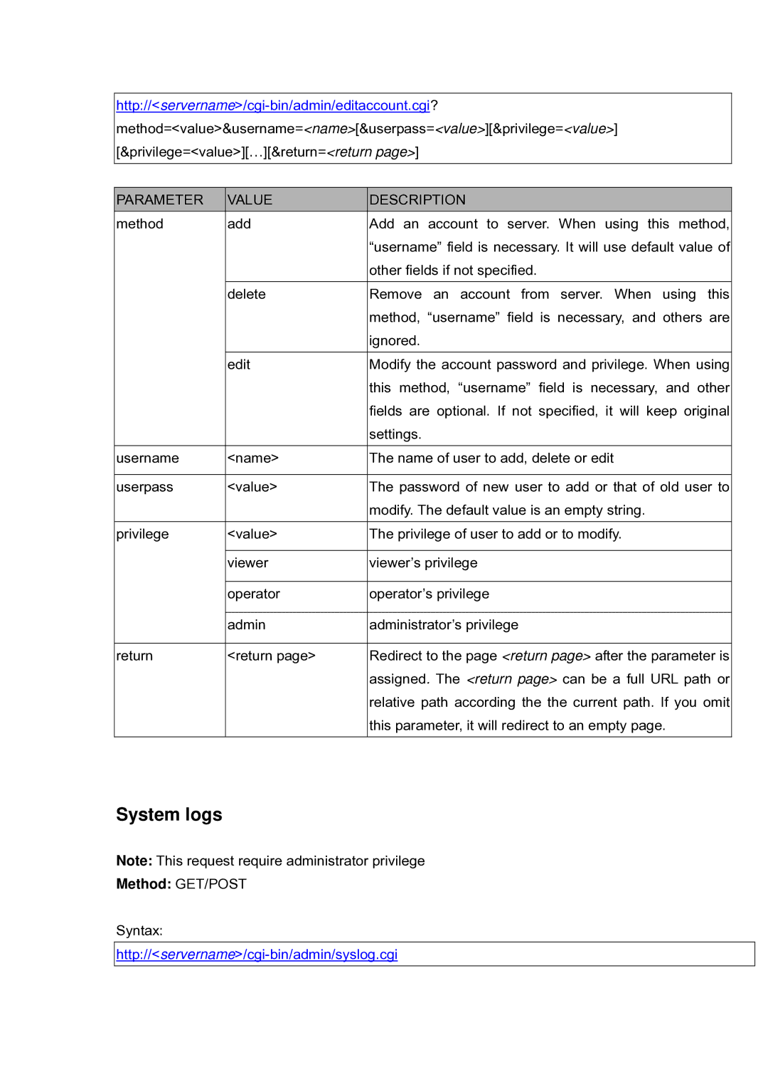 LevelOne FCS-5030 user manual System logs, Http//servername/cgi-bin/admin/syslog.cgi 