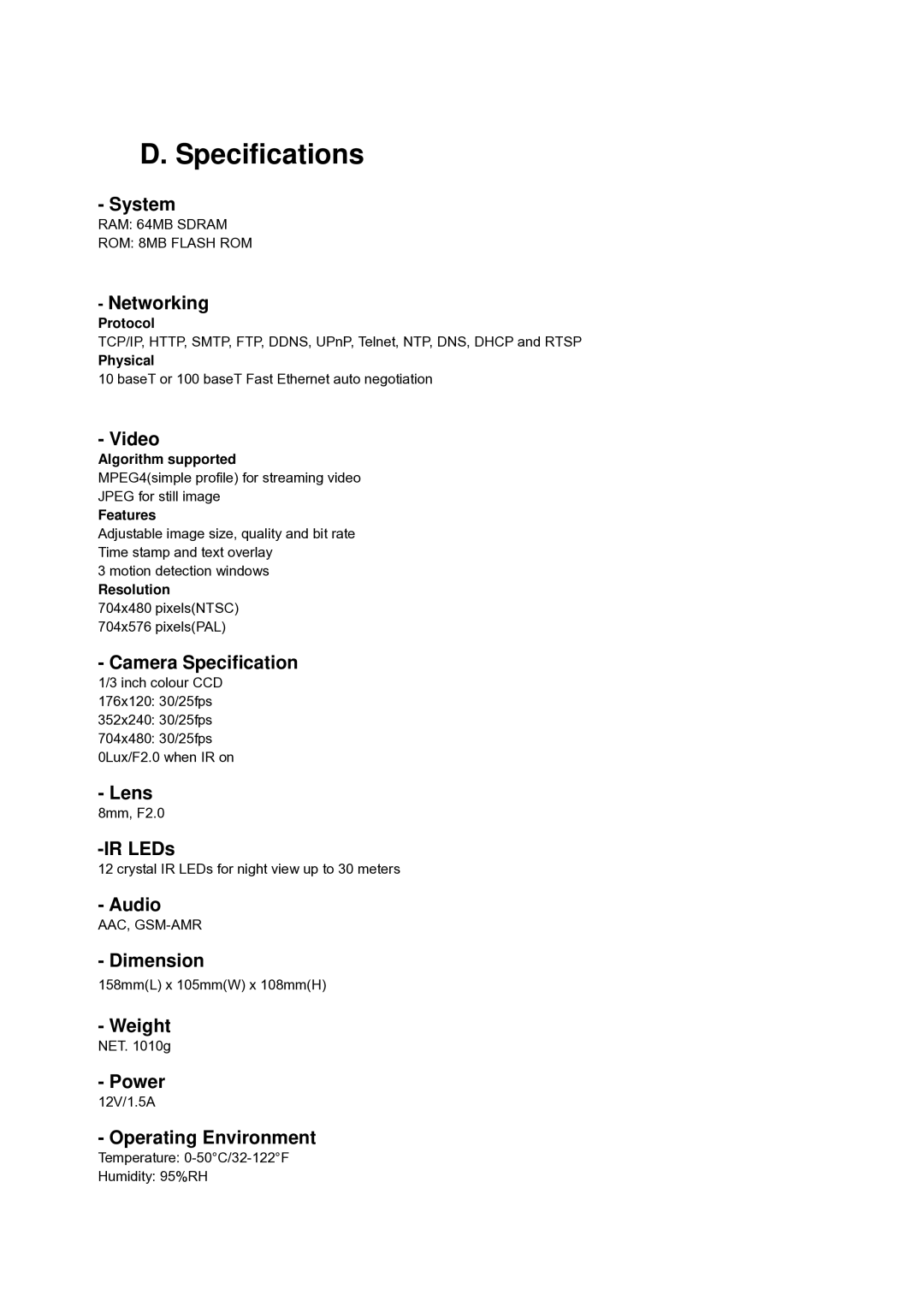 LevelOne FCS-5030 user manual Specifications, Networking 