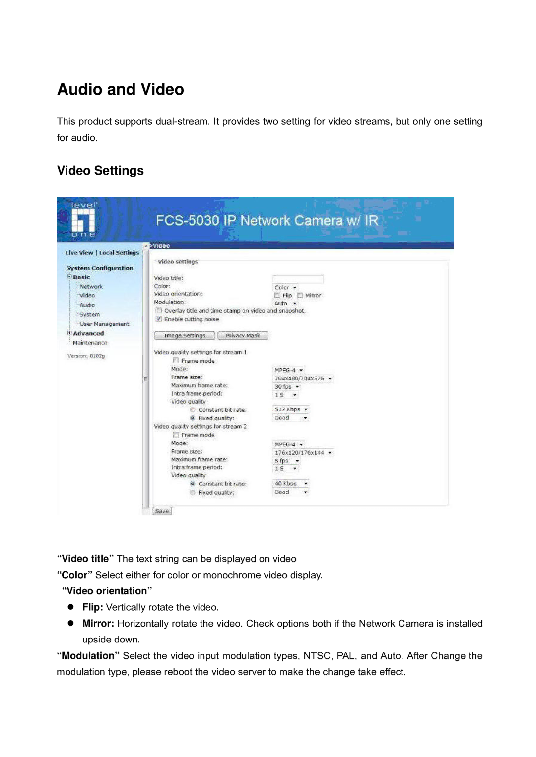 LevelOne FCS-5030 user manual Audio and Video, Video Settings, Video orientation 