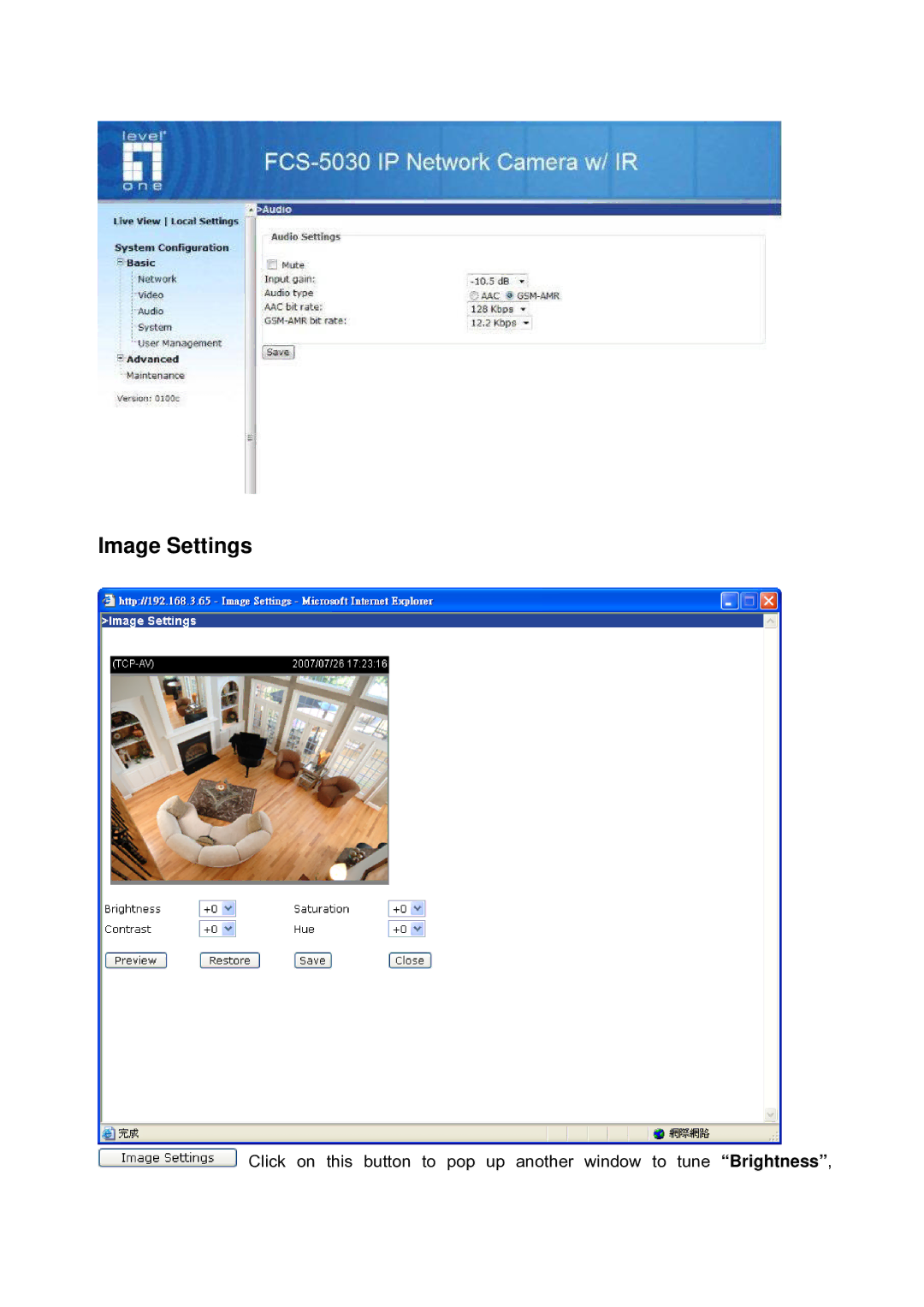 LevelOne FCS-5030 user manual Image Settings 