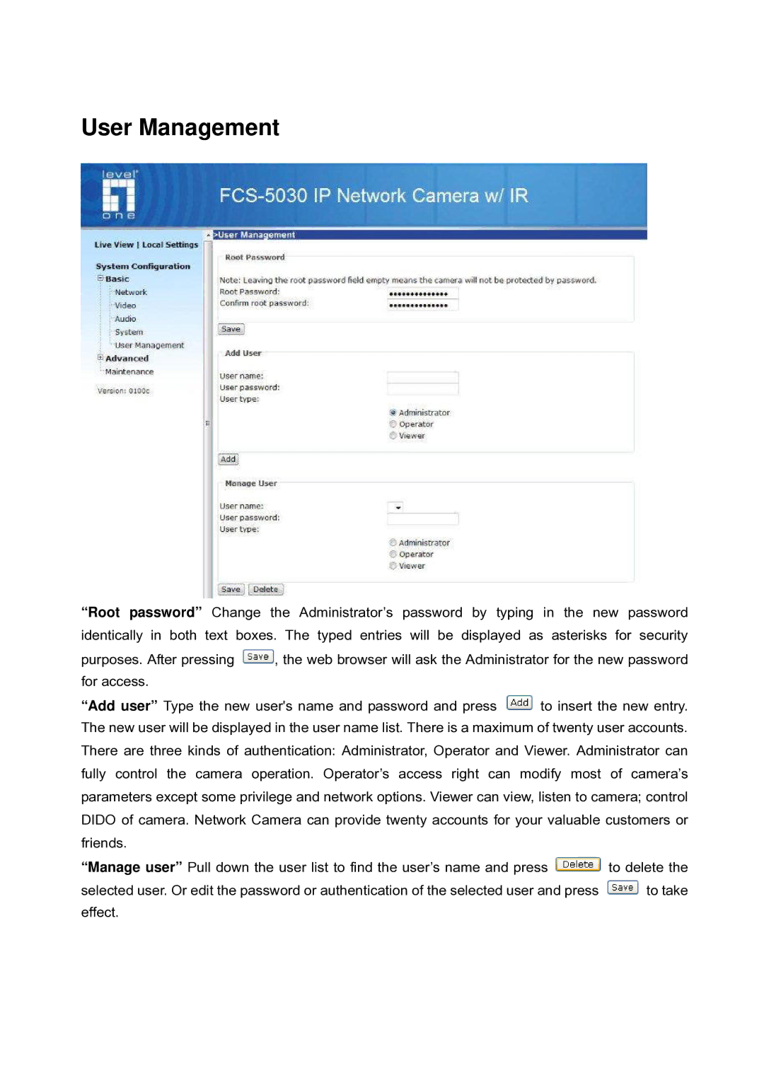 LevelOne FCS-5030 user manual User Management 