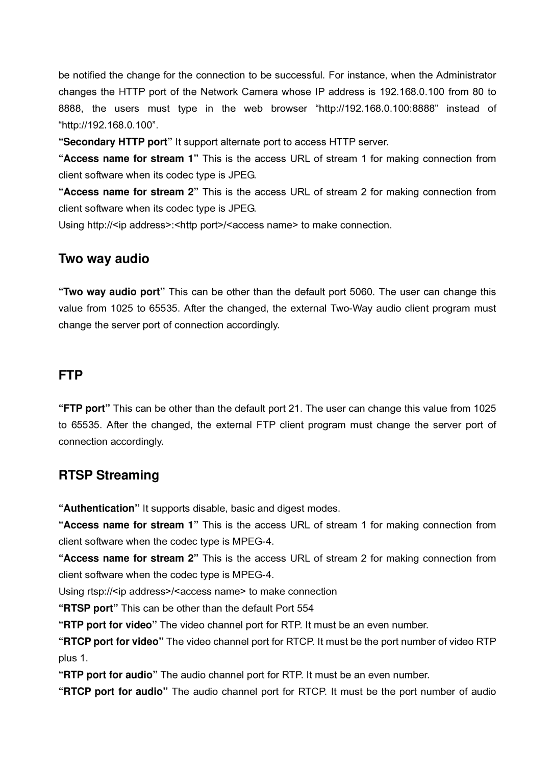 LevelOne FCS-5030 user manual Two way audio, Rtsp Streaming 