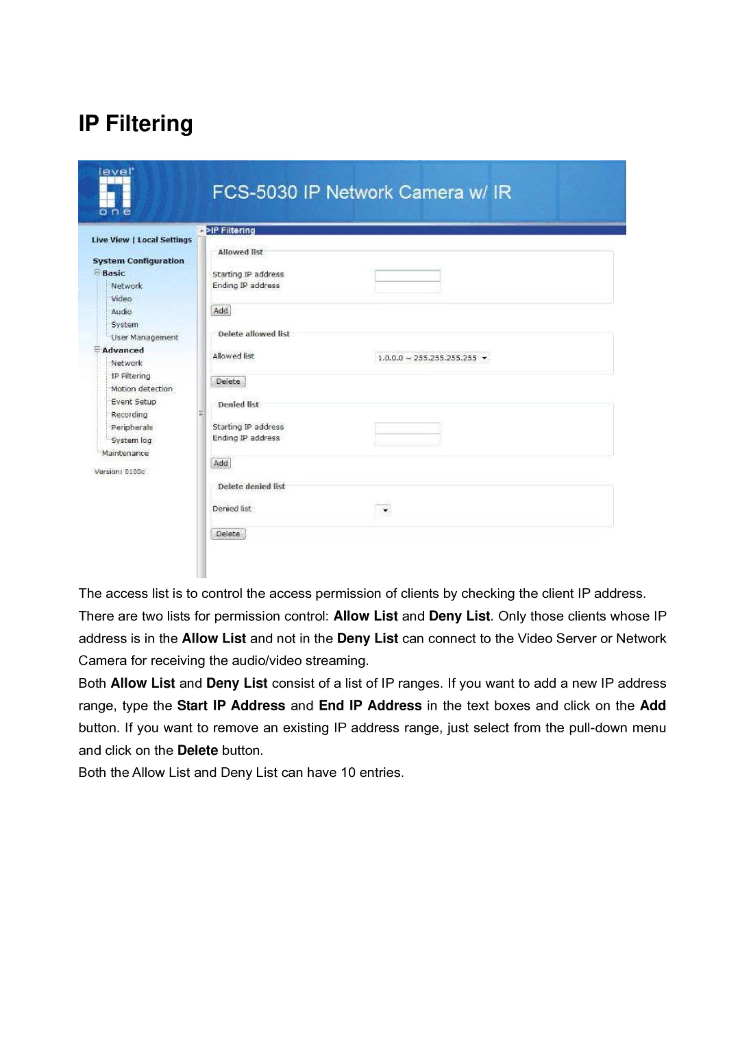 LevelOne FCS-5030 user manual IP Filtering 