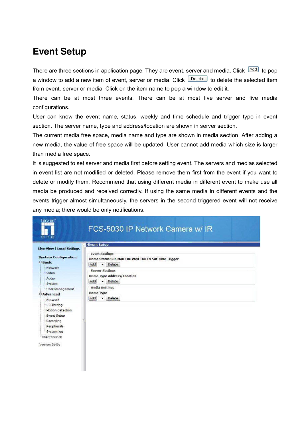 LevelOne FCS-5030 user manual Event Setup 