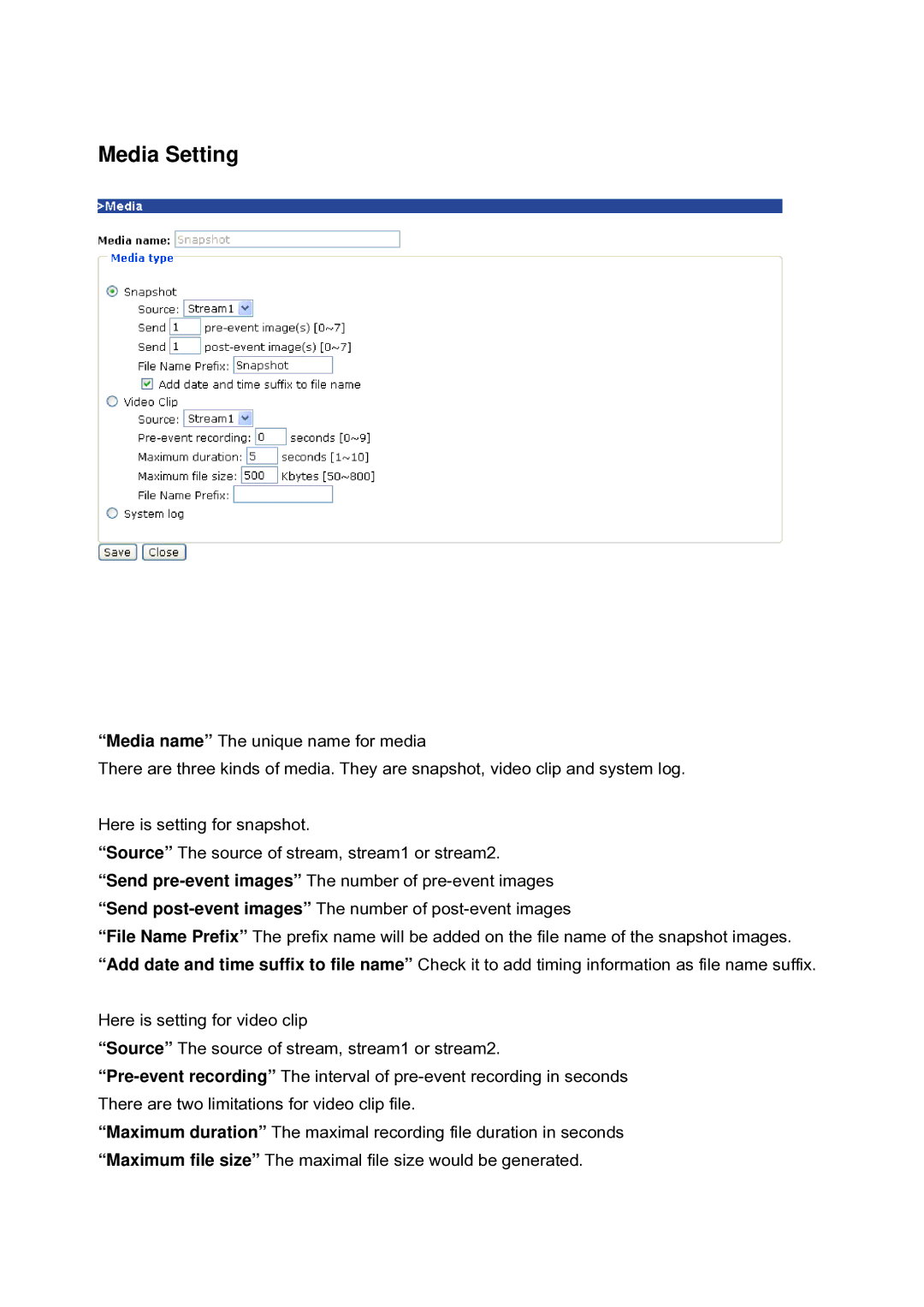 LevelOne FCS-5030 user manual Media Setting 