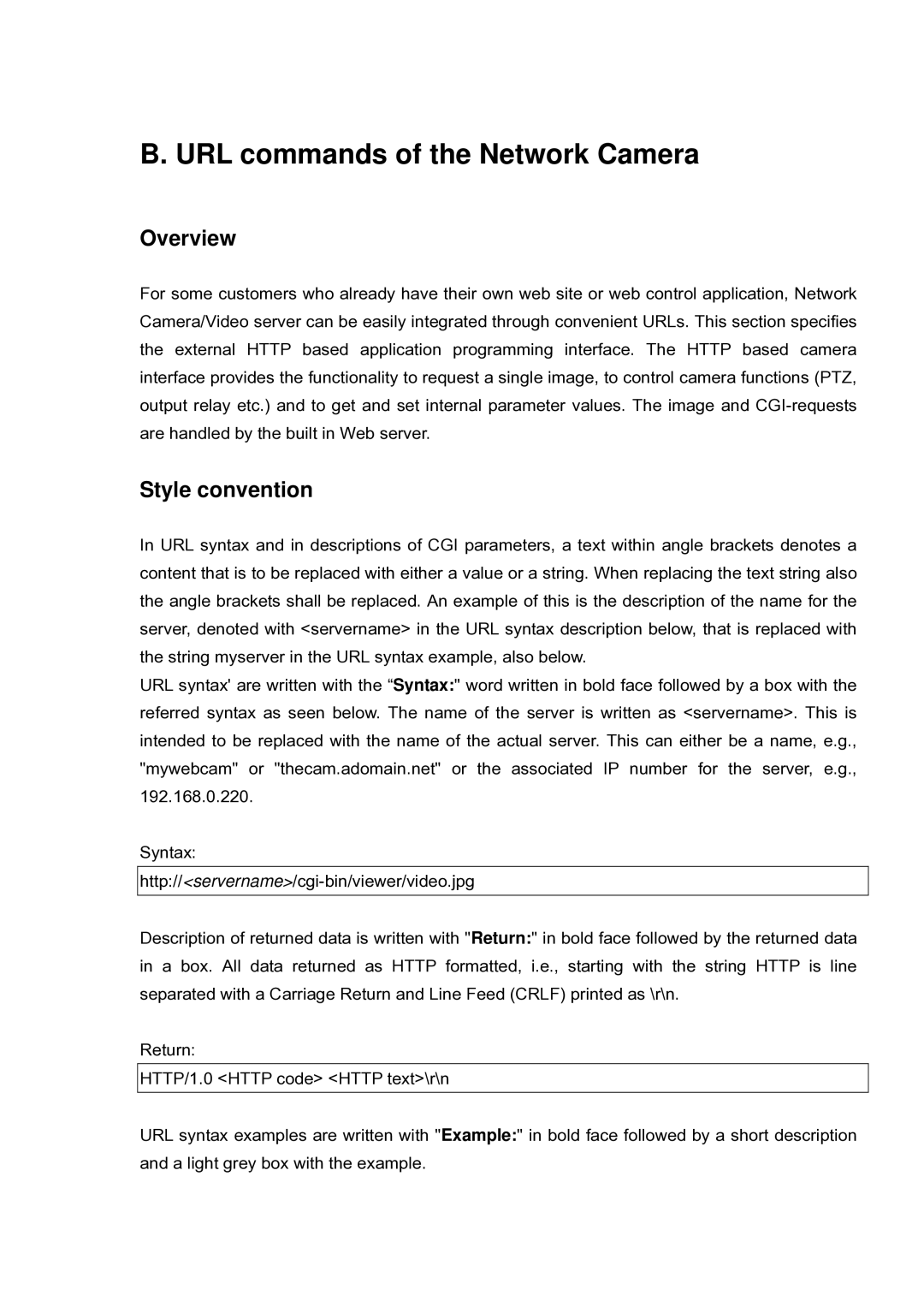 LevelOne FCS-5030 user manual URL commands of the Network Camera, Overview, Style convention 