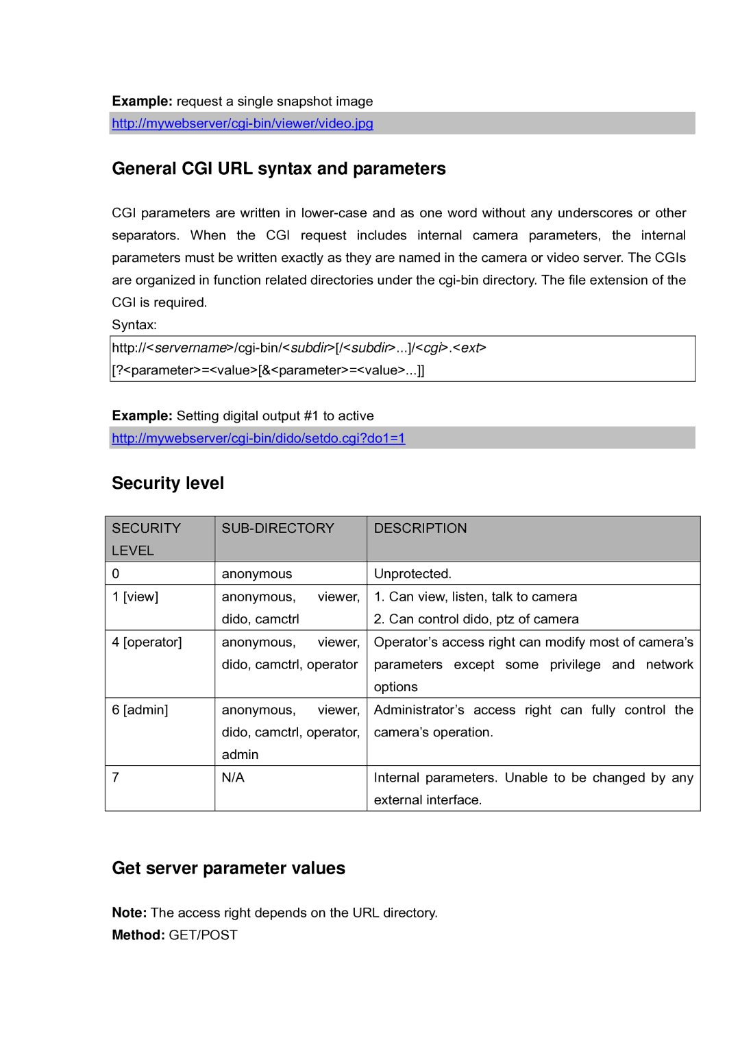 LevelOne FCS-5030 General CGI URL syntax and parameters, Security level, Get server parameter values, Method GET/POST 