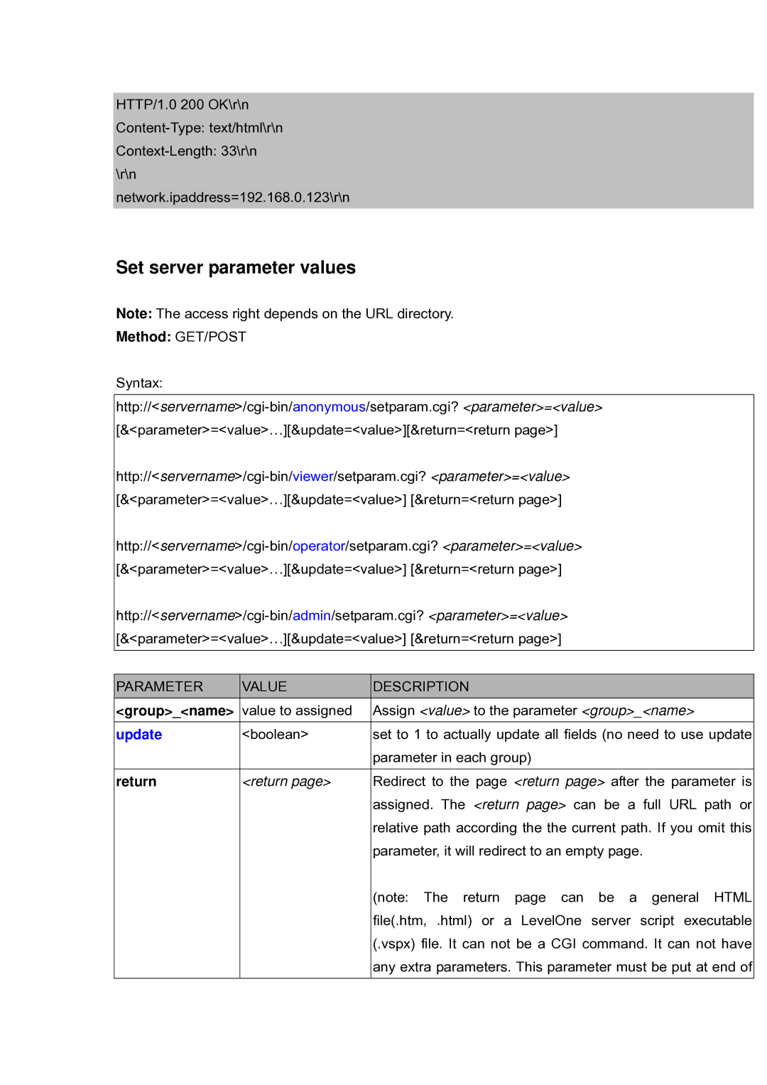 LevelOne FCS-5030 user manual Set server parameter values, Groupname, Return 