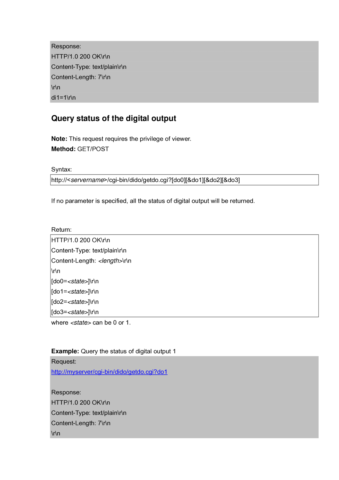 LevelOne FCS-5030 user manual Query status of the digital output 