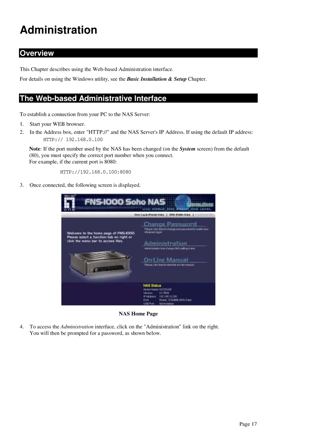 LevelOne FNS-1000 user manual Administration, Web-based Administrative Interface 