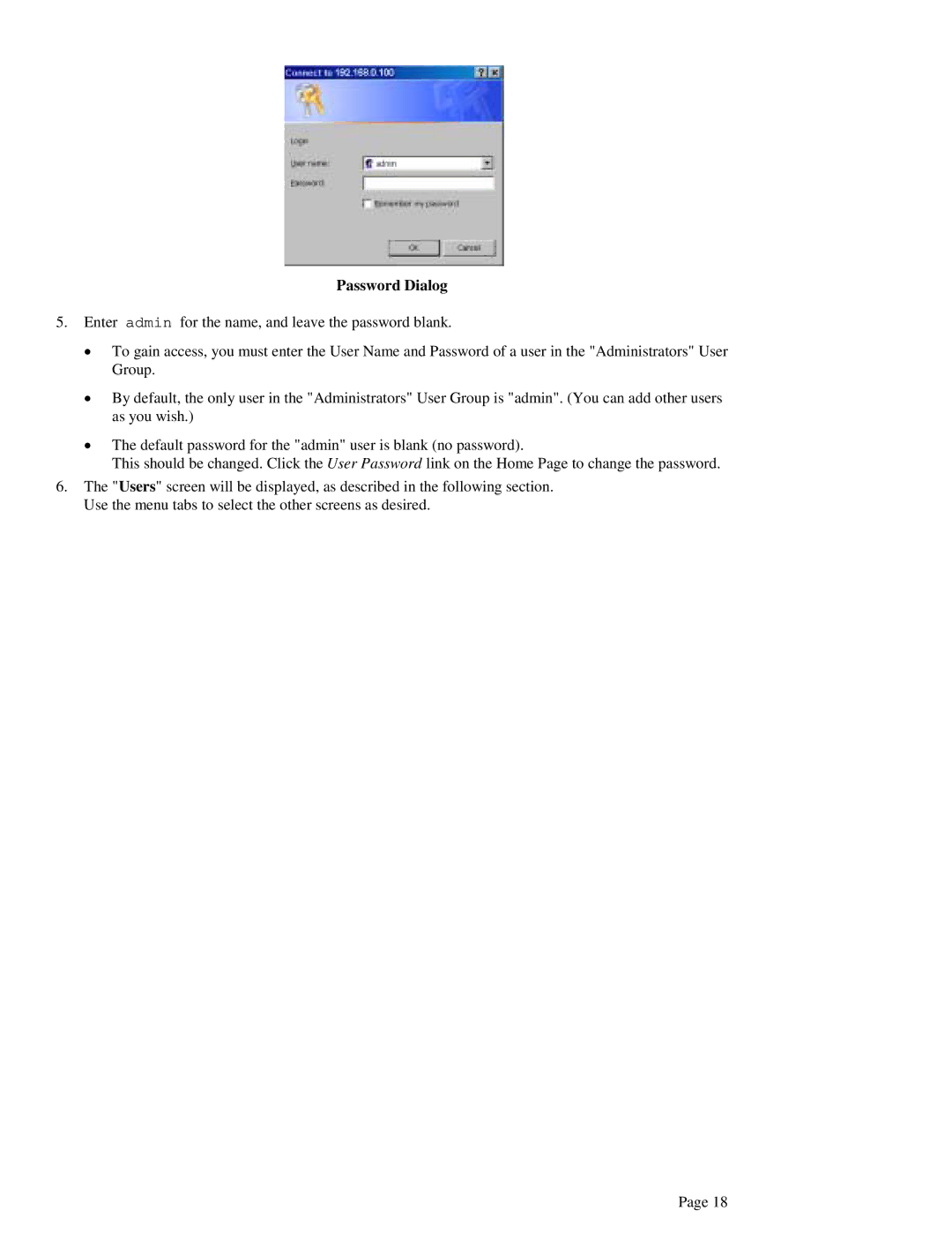 LevelOne FNS-1000 user manual Password Dialog 