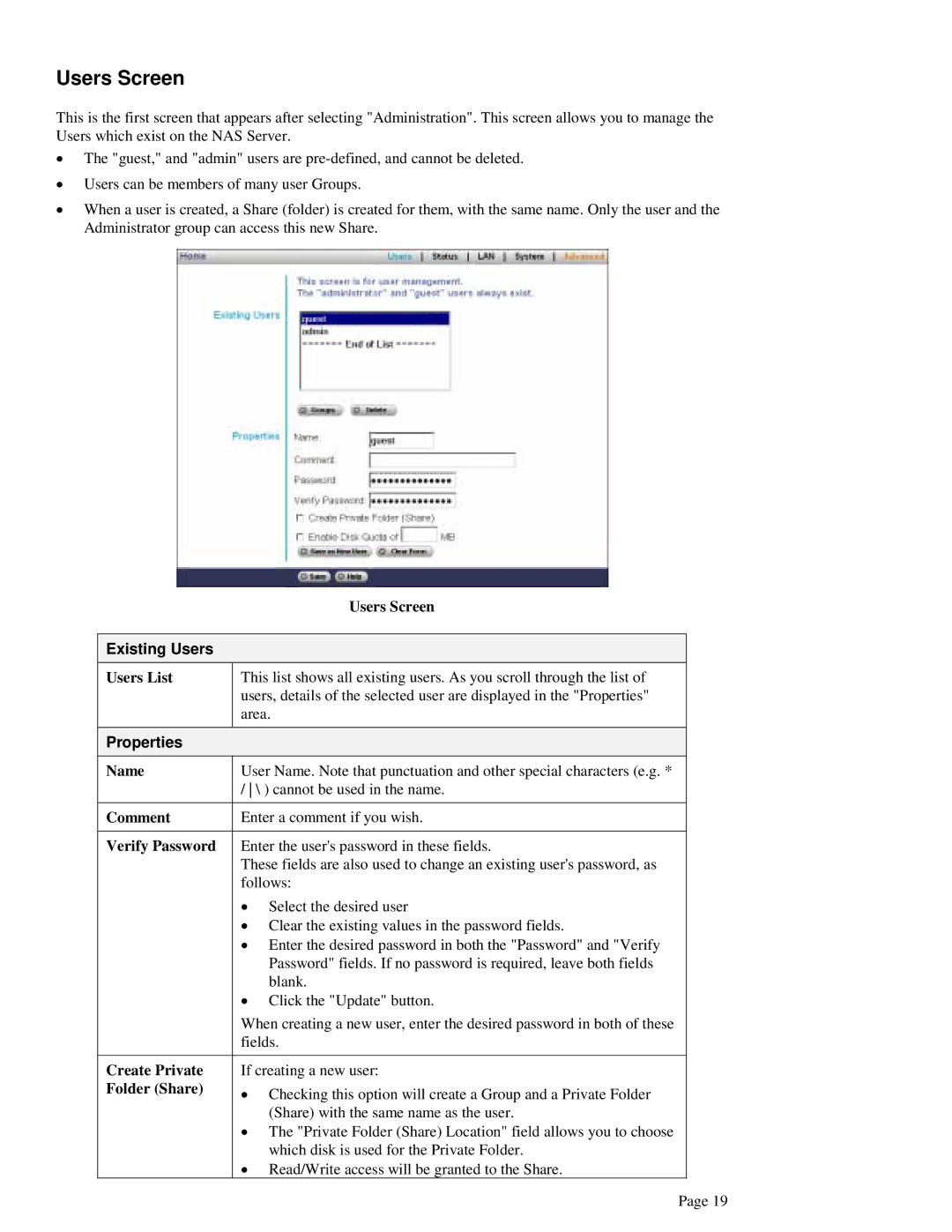 LevelOne FNS-1000 user manual Users Screen, Existing Users, Properties 