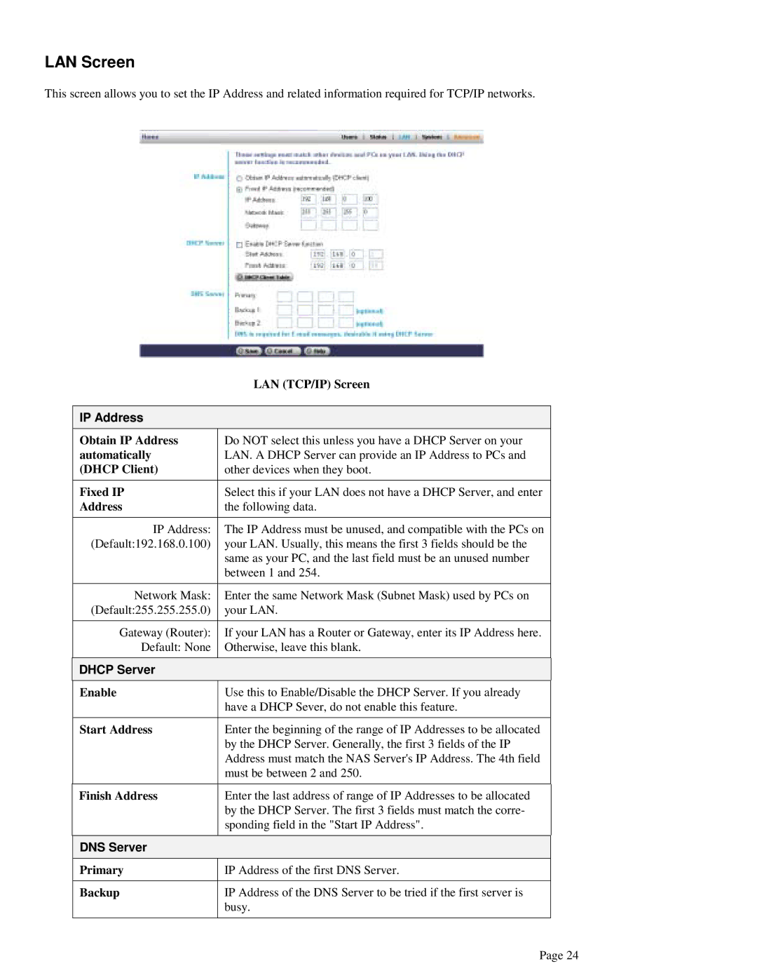 LevelOne FNS-1000 user manual LAN Screen, IP Address, Dhcp Server, DNS Server 