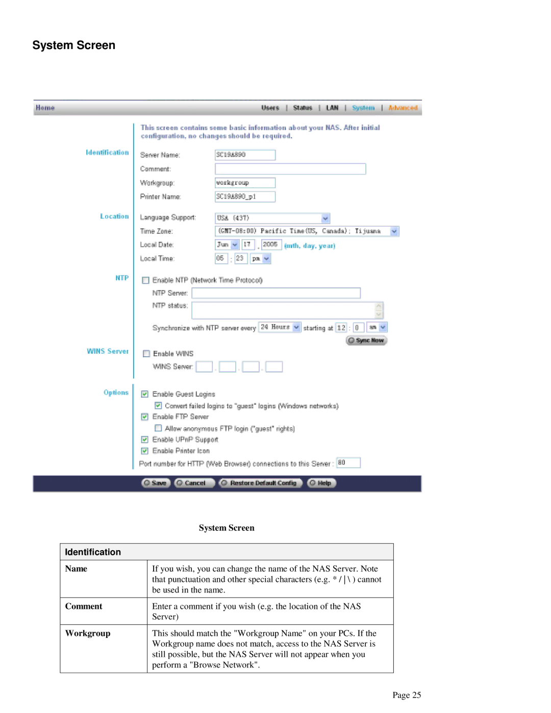 LevelOne FNS-1000 user manual System Screen, Identification 