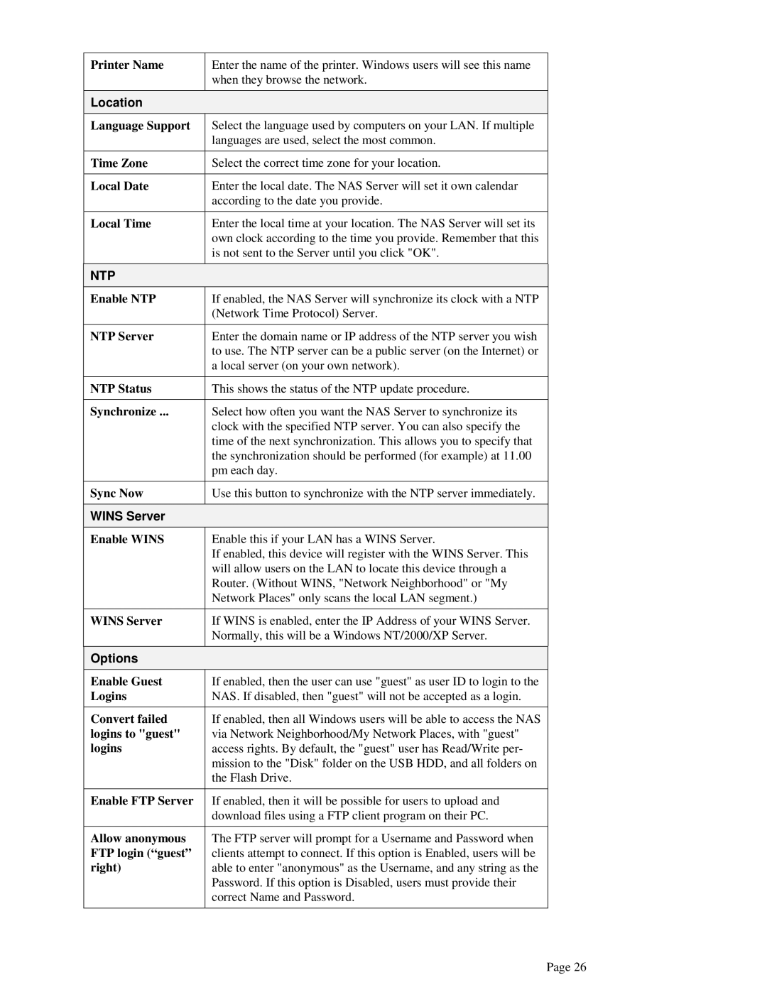 LevelOne FNS-1000 user manual Location, Wins Server, Options 