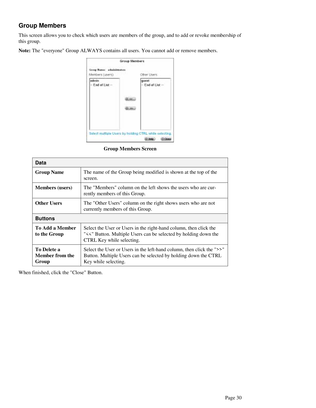 LevelOne FNS-1000 user manual Group Members Screen, Members users, Other Users, To Add a Member, To the Group, To Delete a 