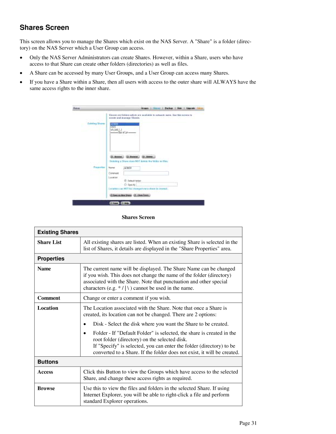 LevelOne FNS-1000 user manual Shares Screen, Existing Shares 