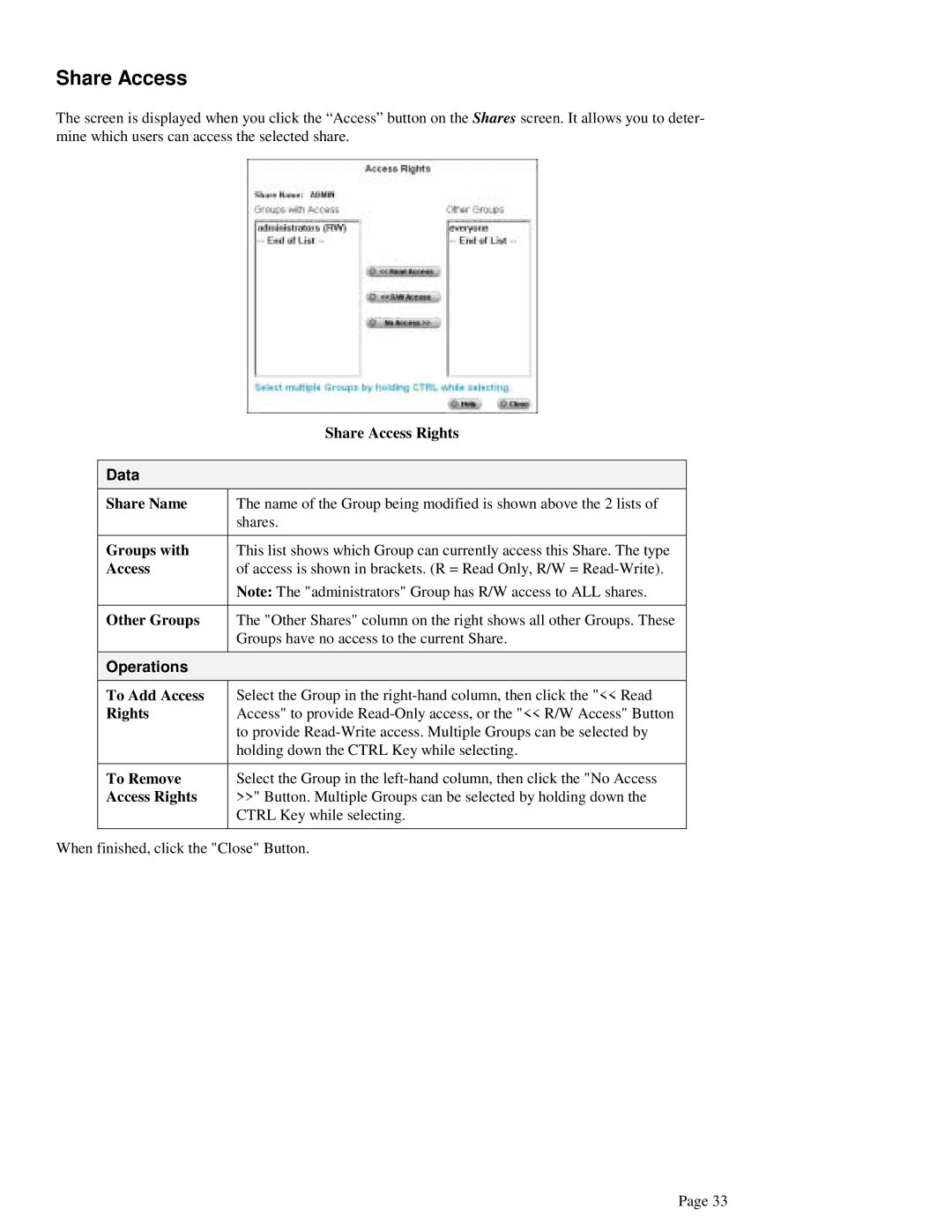 LevelOne FNS-1000 user manual Share Access Rights, Share Name, Groups with, Other Groups 