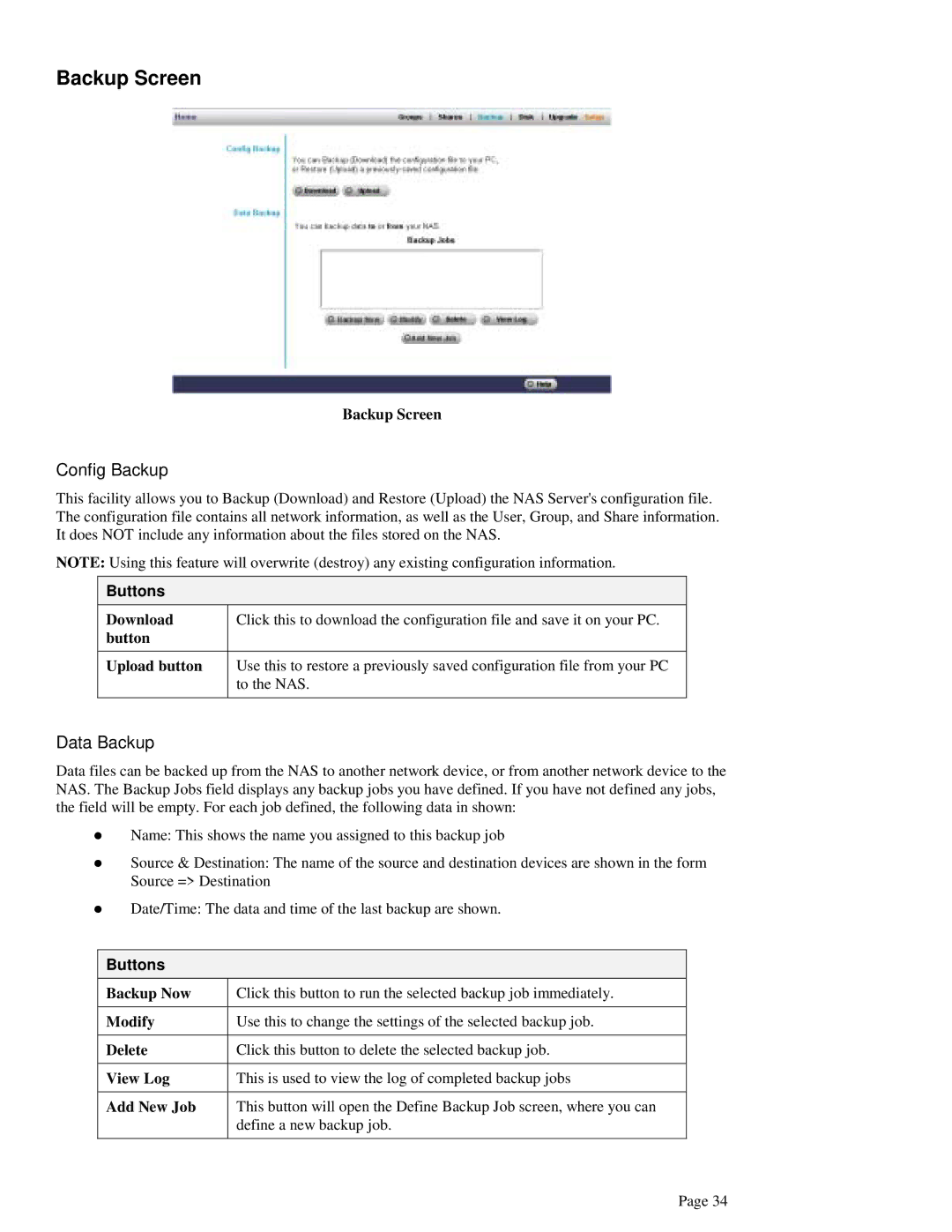 LevelOne FNS-1000 user manual Backup Screen, Backup Now, Modify, Add New Job 