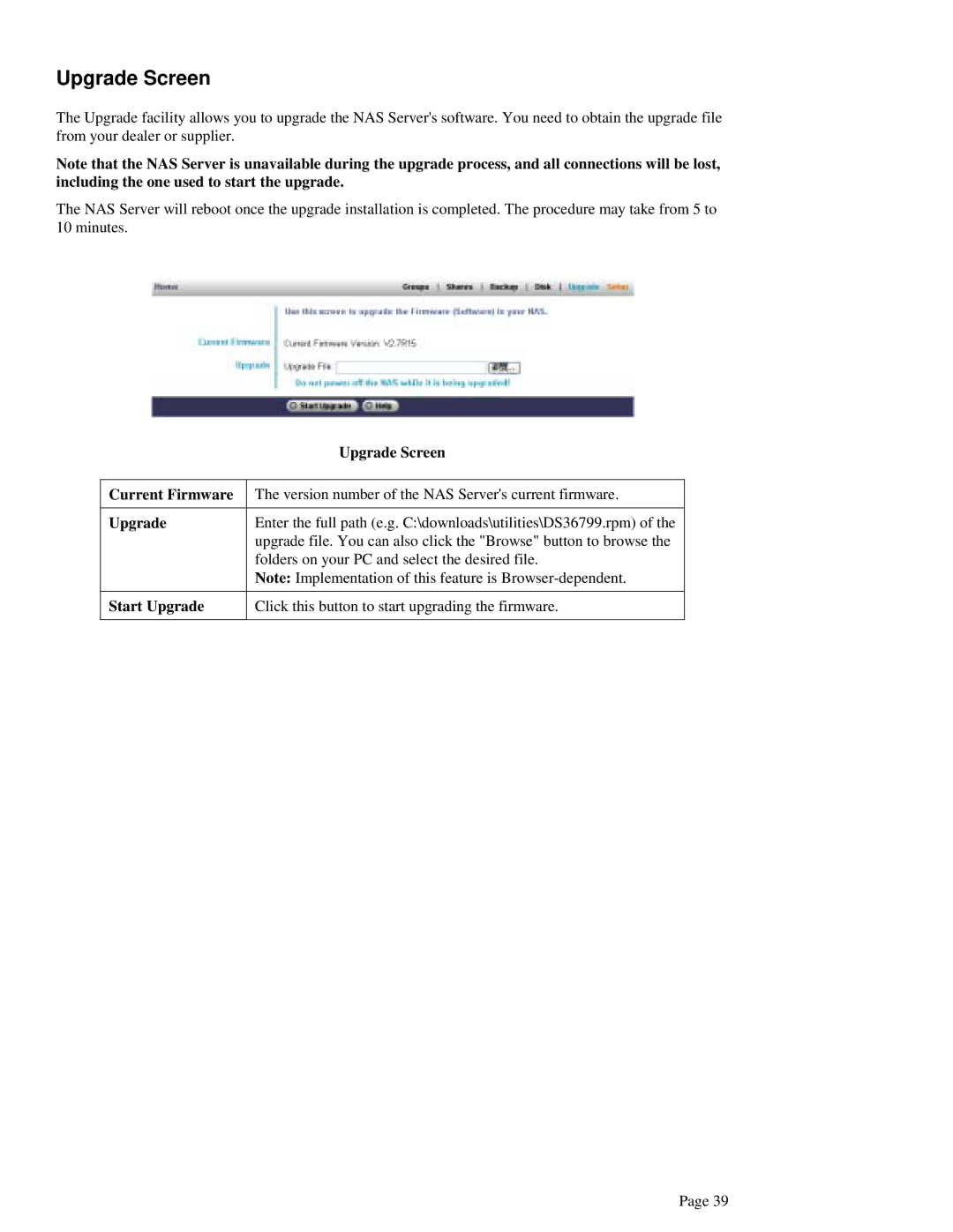 LevelOne FNS-1000 user manual Upgrade Screen, Current Firmware, Start Upgrade 