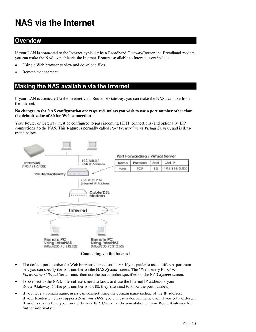 LevelOne FNS-1000 user manual NAS via the Internet, Making the NAS available via the Internet, Connecting via the Internet 