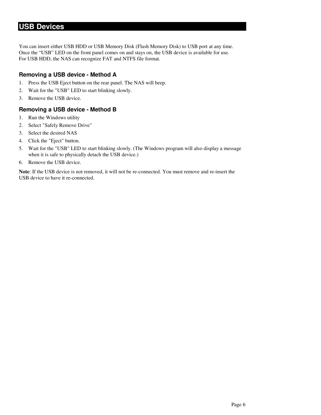 LevelOne FNS-1000 user manual USB Devices, Removing a USB device Method a 