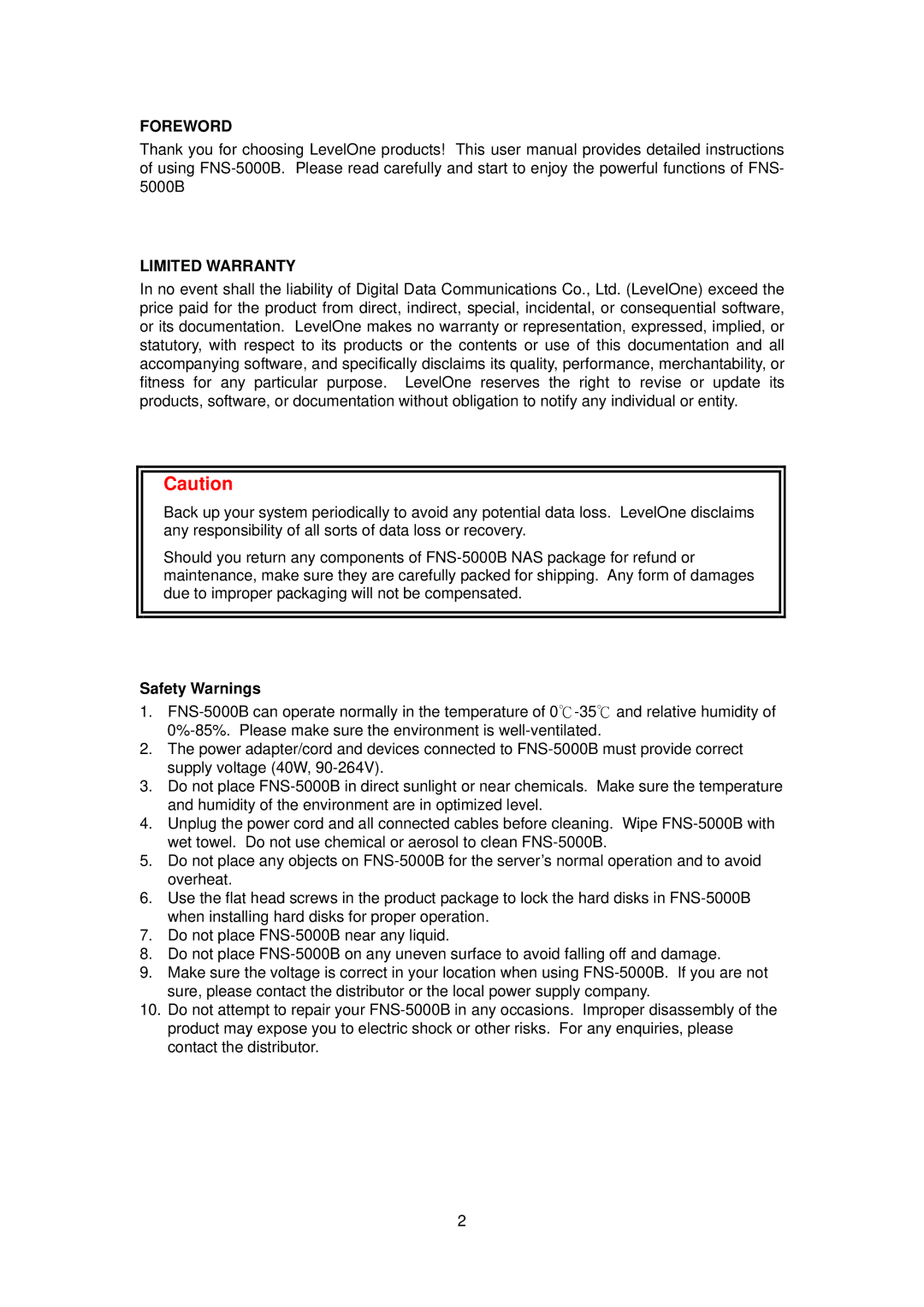 LevelOne FNS-5000B manual Foreword Limited Warranty, Safety Warnings 