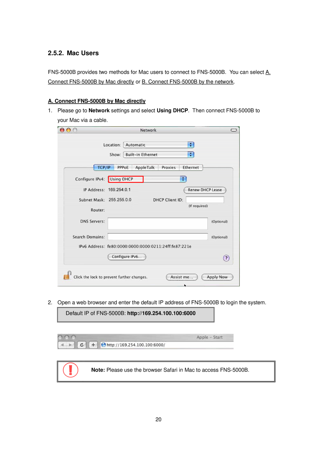 LevelOne manual Mac Users, Connect FNS-5000B by Mac directly, Default IP of FNS-5000Bhttp//169.254.100.1006000 