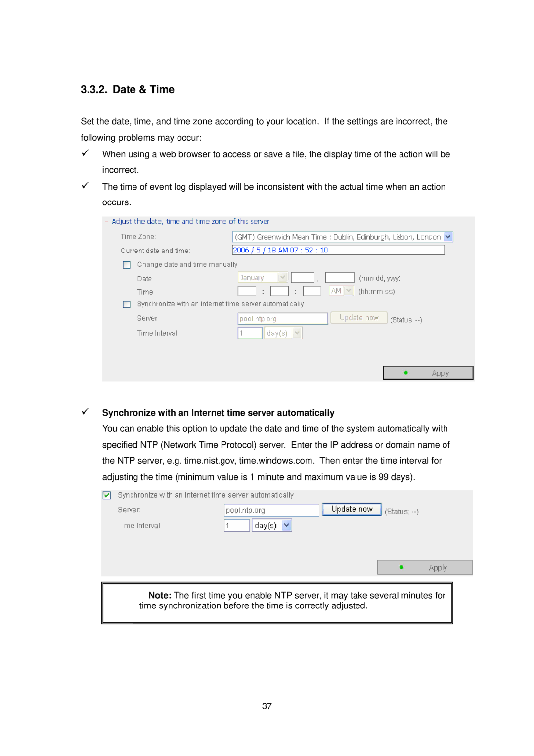 LevelOne FNS-5000B manual Date & Time, Synchronize with an Internet time server automatically 