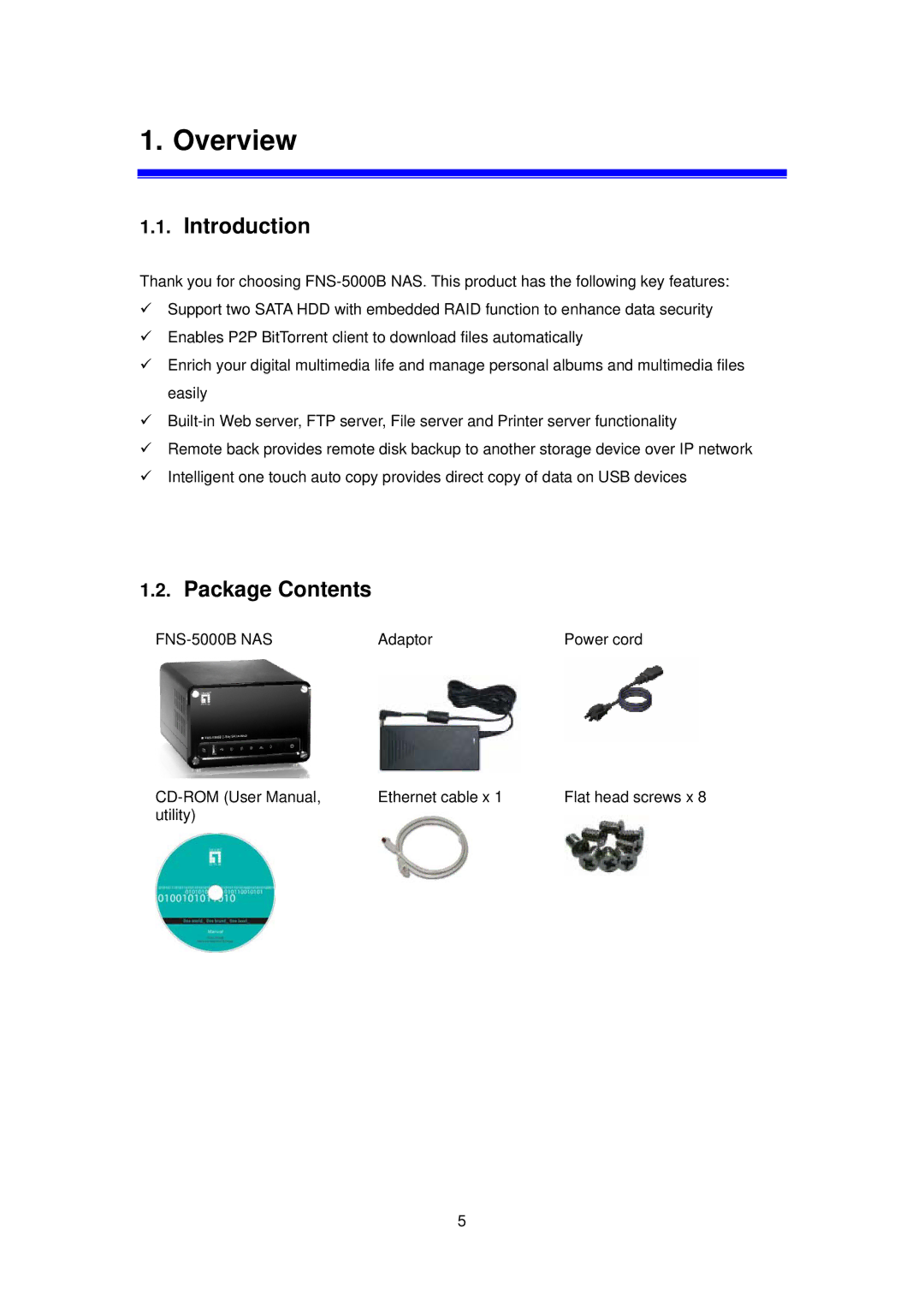 LevelOne FNS-5000B manual Overview, Introduction, Package Contents 