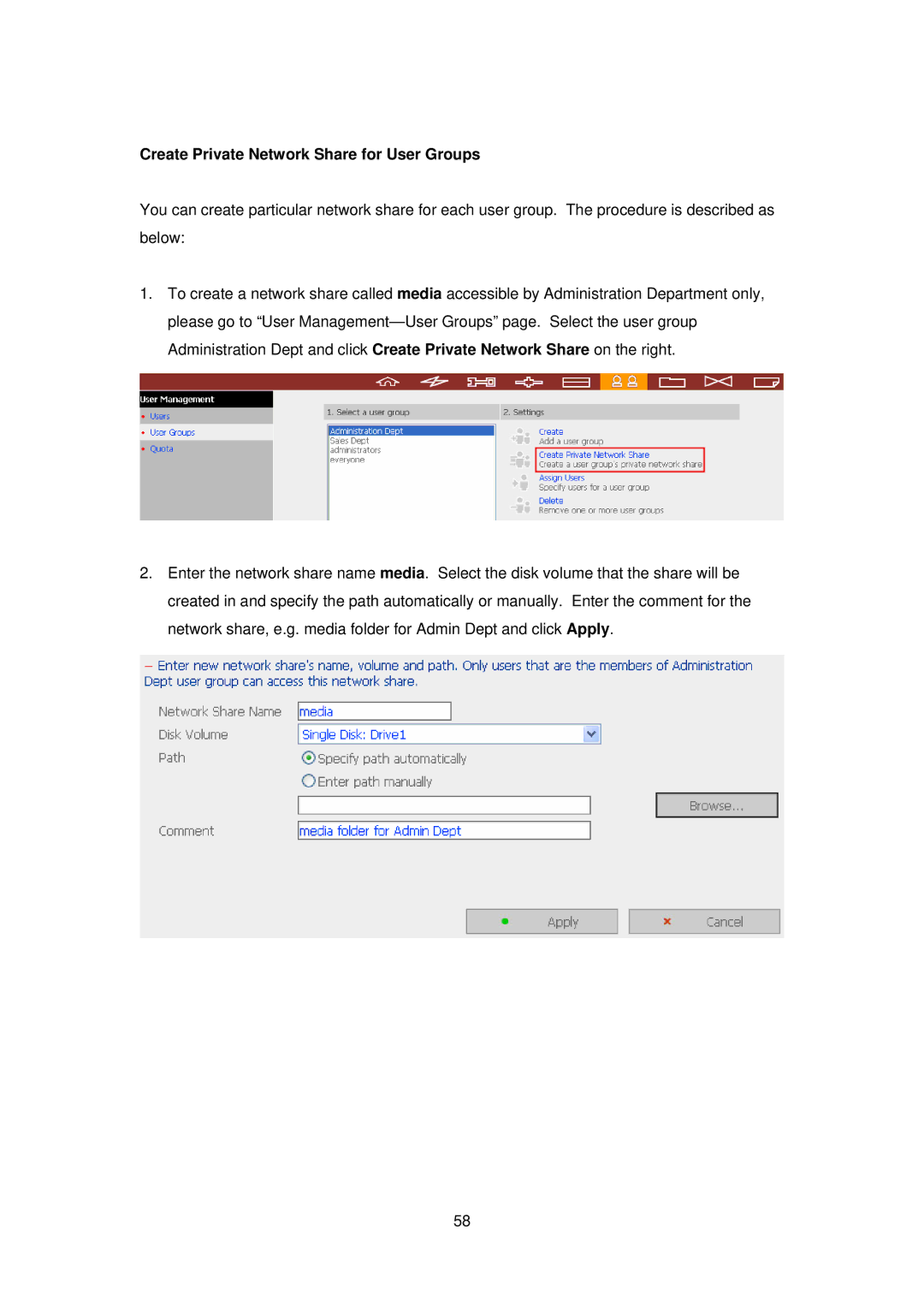 LevelOne FNS-5000B manual Create Private Network Share for User Groups 