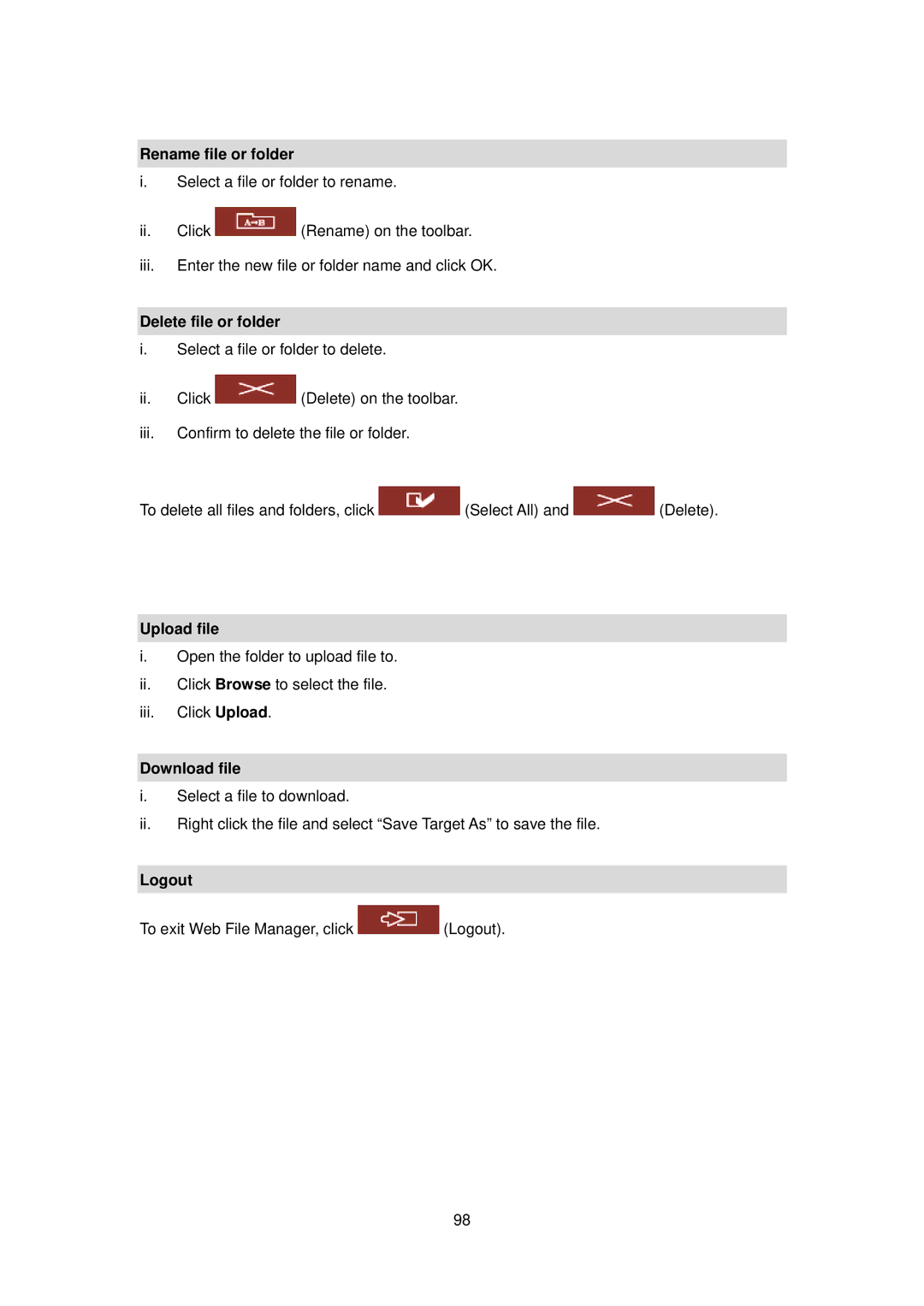 LevelOne FNS-5000B manual Rename file or folder, Delete file or folder, Upload file, Download file, Logout 