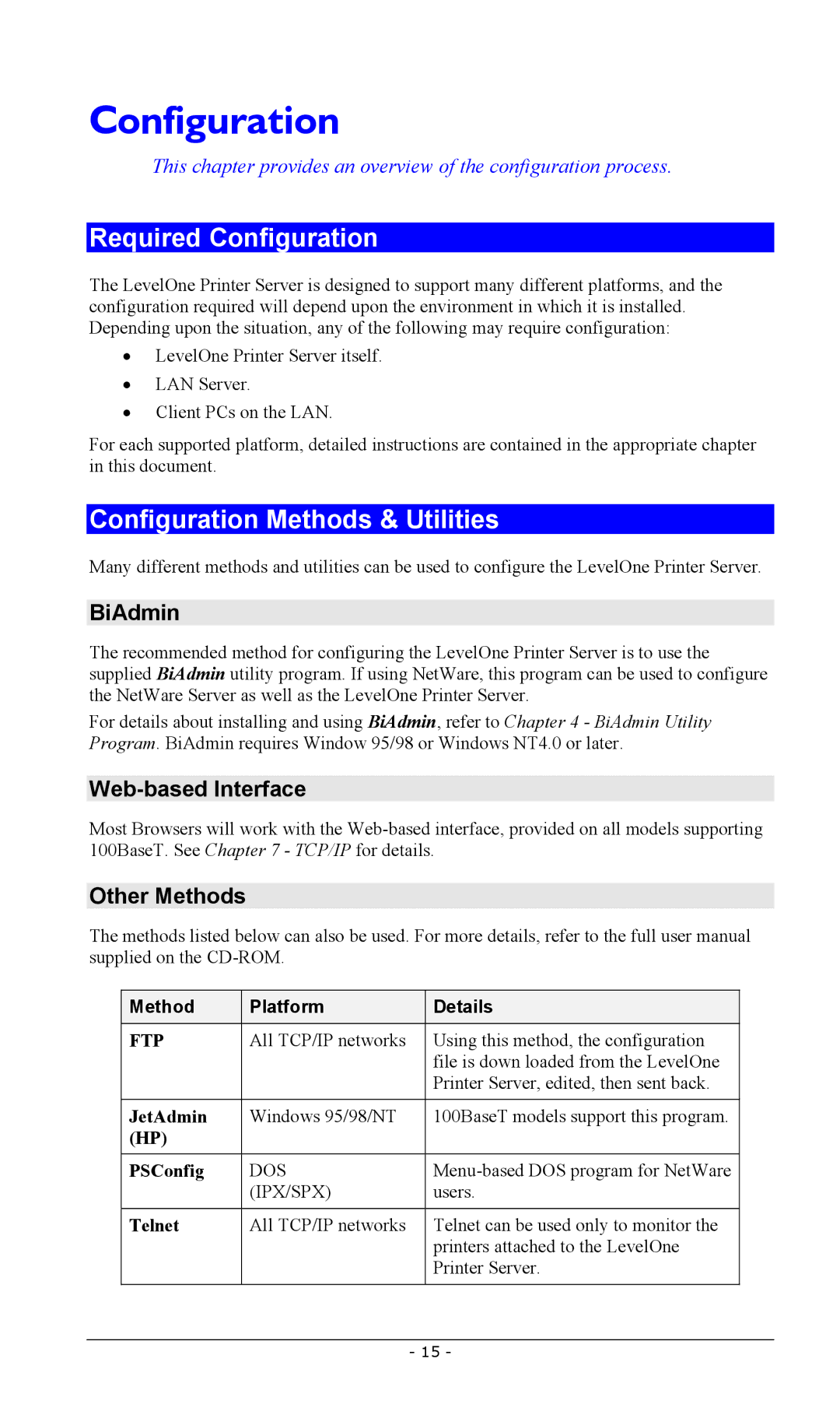 LevelOne FPS-2003TXU, FPS-2111TXU, FPS-2101USB, FPS-2013TXU Required Configuration, Configuration Methods & Utilities 