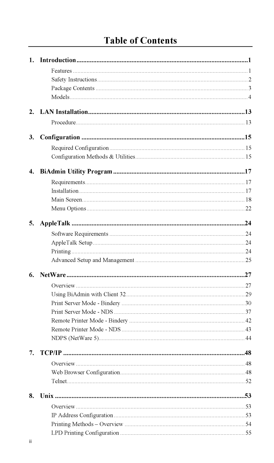 LevelOne FPS-2101USB, FPS-2003TXU, FPS-2111TXU, FPS-2013TXU, FPS-2101TXU, EPS-3001TU manual Table of Contents 